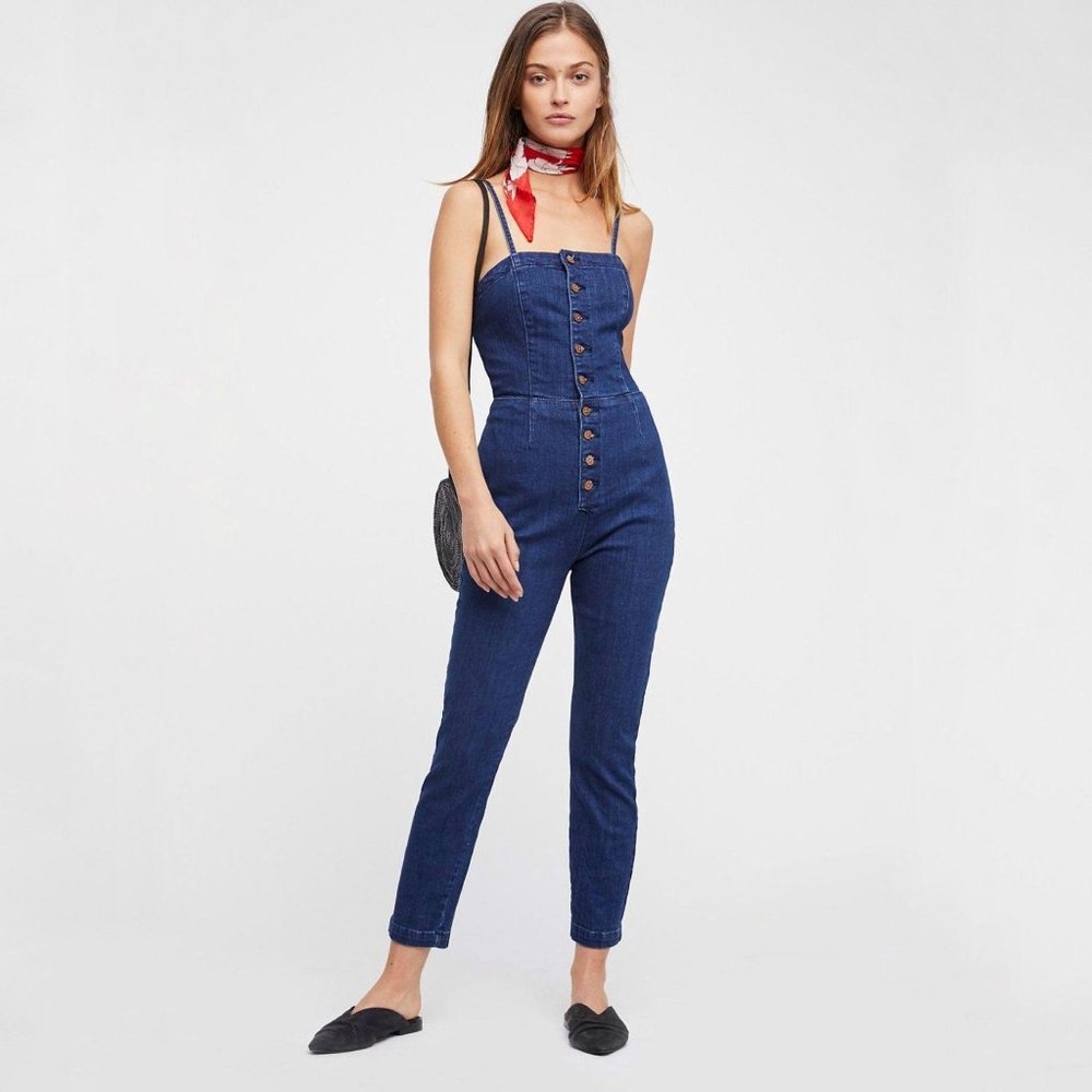 Free People Retro Denim One Piece Jumpsuit Button